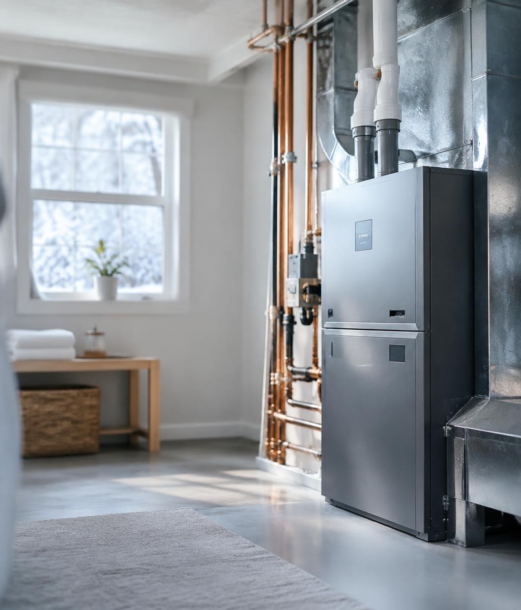 Clean utility room with copper pipes and a modern furnace